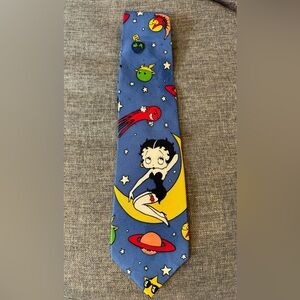 Beans McGee Betty Boop 100% Silk Space Stars Planet Moon 1994 Vintage Neck Tie